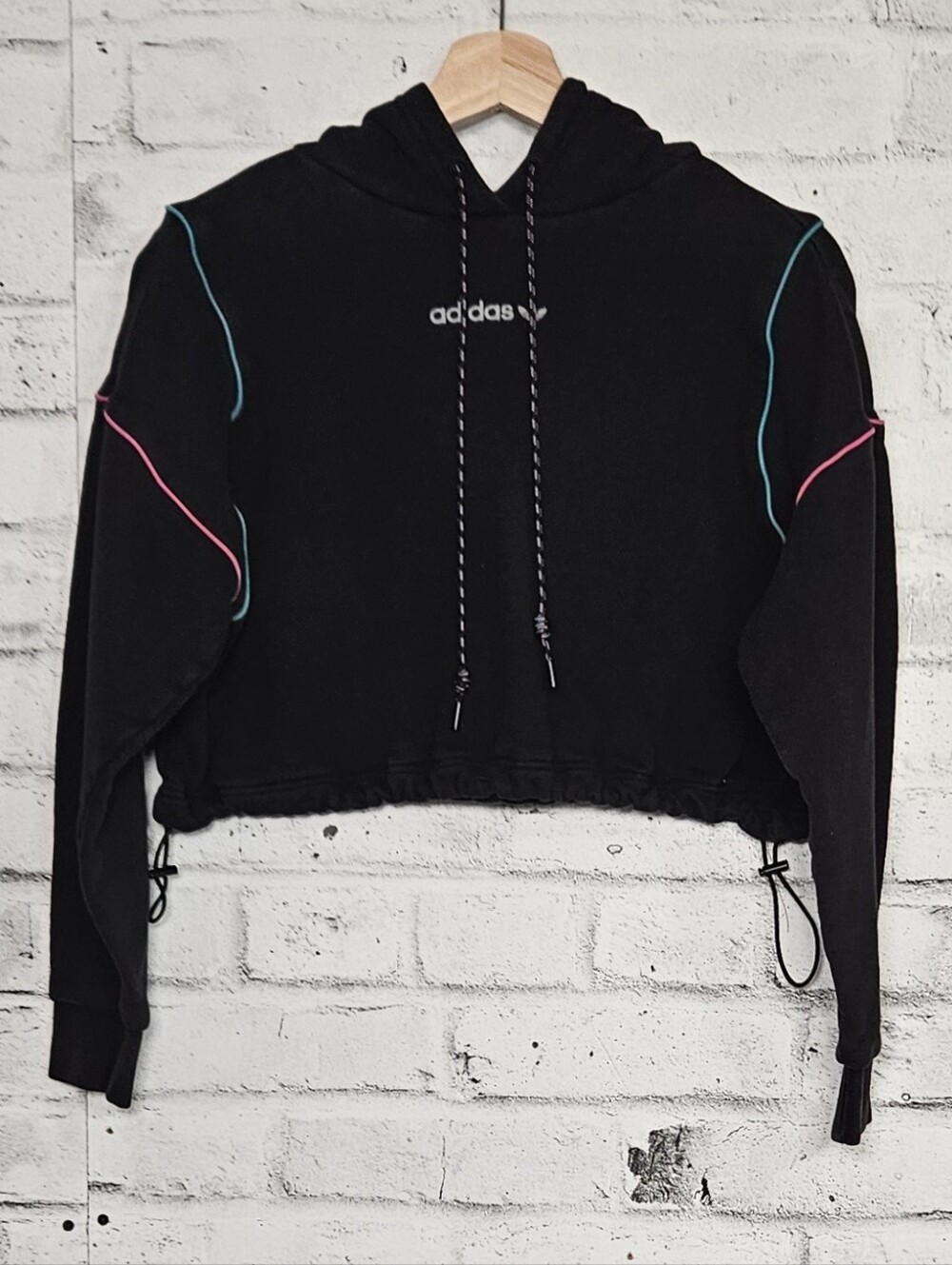 Adidas Originals Cropped Hoodie Black Neon Trim Drawstring Size Small